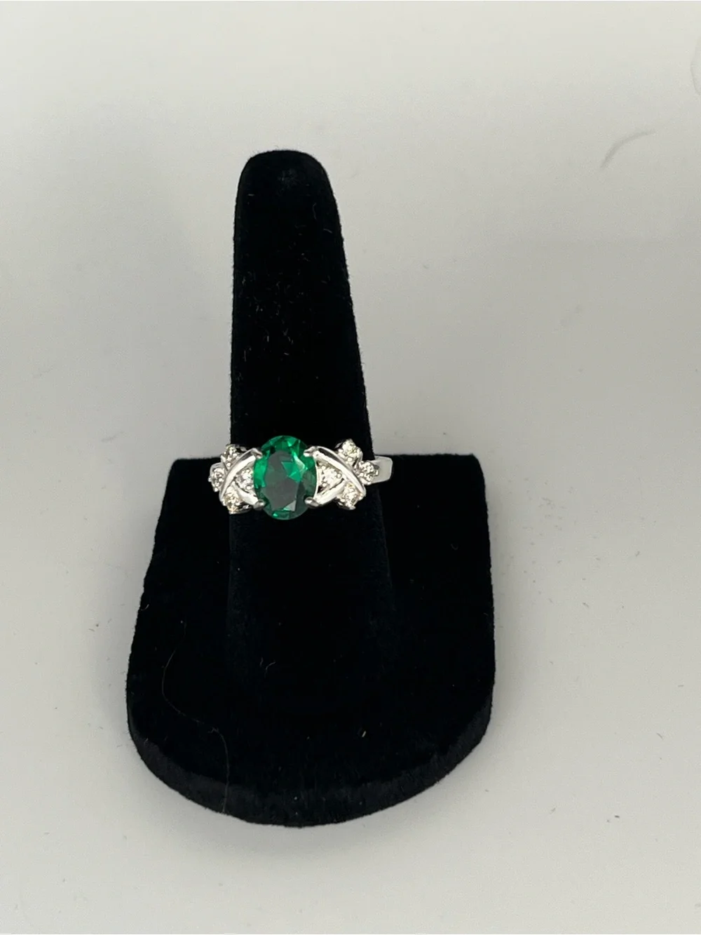 Green Oval Crystal Ring with Silver Accents